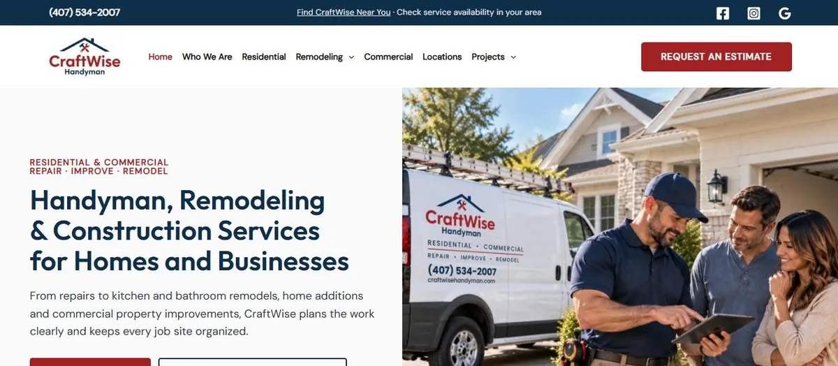 Homepage of the CraftWise Handyman & Remodeling website